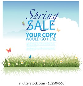 Spring Sale Background Template. EPS 8 vector, grouped for easy editing. No open shapes or paths. Headline and copy space. Grass, flowers, butterflies, web page, poster, marketing advertising design.