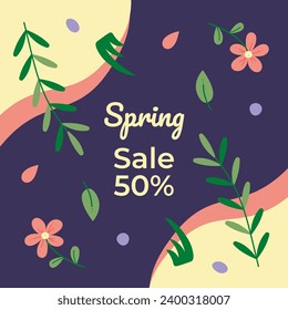 Spring sale background template. Includes flowers, leaves, branches, text and abstract shapes. Flat color vector illustration. 