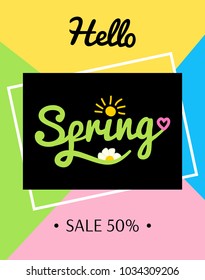 Spring sale background with text on black and frame. Bright colorful background of triangles. Vector illustration template. For vertical banners, invitation, posters, brochure, voucher discount.