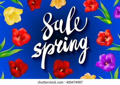 Spring sale Background with tulips and daisies EPS 10 vector royalty free stock illustration for greeting card, ad, promotion, poster, flier, blog, article, social media, marketing art