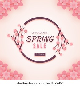 Spring sale background with 
twigs and pink flowers in paper art style
