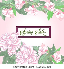 Spring sale background with two pink  peonies and flowers