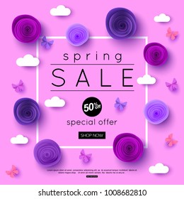 Spring sale background with ultra violet paper rose flowers and butterflies. Season discount banner design for online shopping