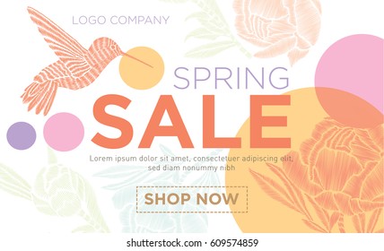 Spring sale background. Vector banner with flowers and hummingbirds. Template for advertising on the Internet, posters, posters, banners, leaflets