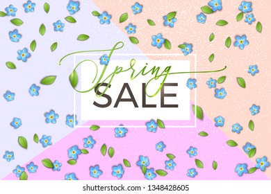 Spring sale background. Vector blue forget me not pattern with realistic flowers and leaves. Advertising, promotional banner or web design template. Vector illustration. 
