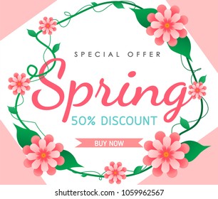 Spring sale background vector with flowers  illustration template or banner