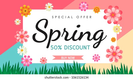 Spring sale background vector with flowers illustration template or banner