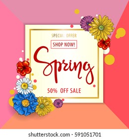 Spring sale background. Vector illustration with cartoon flowers.Wallpaper.flyers, invitation, posters, brochure, voucher discount.