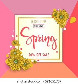 Spring sale background. Vector illustration with cartoon flowers.Wallpaper.flyers, invitation, posters, brochure, voucher discount.