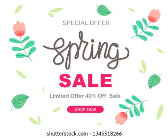 Spring sale background with vintage leaves and flowers. Vector illustration