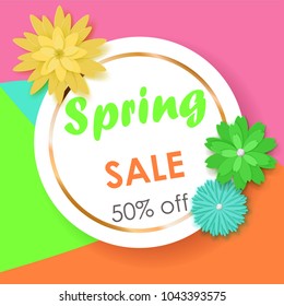 Spring sale background of white circle with golden strip and colored paper flowers