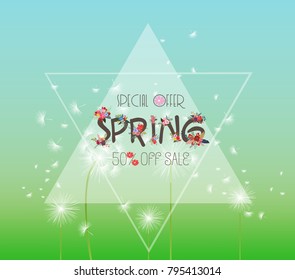 spring sale background with white dandelion