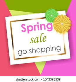 Spring sale background of white rectangle with golden strip and colored paper flowers