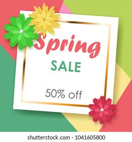 Spring sale background of white square with golden strip and colored paper flowers