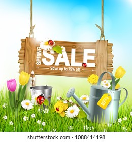 Spring sale background with wooden sign and flowers