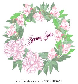 Spring sale background with wreath with two pink  peonies and flowers. Vector illustration