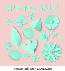 Spring sale backgroundfor design in realistic paper cut style . Vector illustration