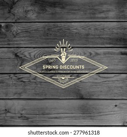 Spring sale badges logos and labels for any usem, on wooden background texture