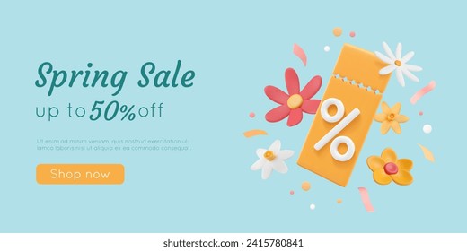 Spring sale banner with 3D plasticine flowers and voucher with percent sign, confetti, tinsel. Discount coupon, marketing label, yellow lucky tear-off clay ticket. Vector illustration of offer