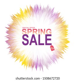 Spring sale banner with abstract geometric colorful splashes on white background.