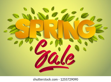Spring sale banner advertising design layout, papercut and ribbon words with fresh green leaves vector modern style cartoon paper cut 3d illustration.