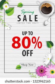 Spring sale banner background ,eighty percent sale off with coffee cup and green leaf on wood texture vector or illustration