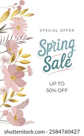 Spring sale banner, background. Floral frame with gentle flowers. Template for greeting card, invitation. Promo discount offer. 