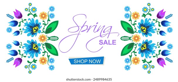 Spring sale. Banner, background with a folk flower motif,