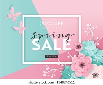 Spring Sale Banner Background with Paper Cut Flowers. Spring Discount Voucher Template, Brochure, Poster, Advertising Promotion. Vector illustration