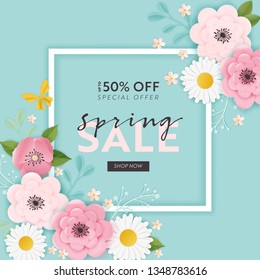Spring Sale Banner Background with Paper Cut Flowers and Floral Elements. Spring Discount Voucher Template, Brochure, Poster, Advertising Promotion. Vector illustration