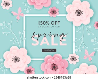 Spring Sale Banner Background with Paper Cut Flowers and Floral Elements. Spring Discount Voucher Template, Brochure, Poster, Advertising Promotion. Vector illustration