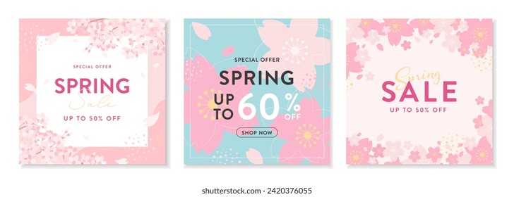 Spring sale banner background set with cherry blossom design. Vector illustration.
