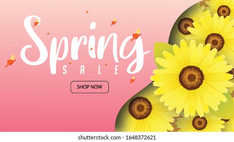 Spring Sale banner background with sun flower. Vector illustration perfect for promotions, magazines, advertising, web sites.