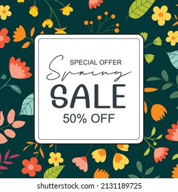 Plantilla de fondo de banner de venta de primavera con flor colorida. Puede usar tarjeta de medios sociales, vale, papel de pared, volantes, invitación, afiches, folleto.