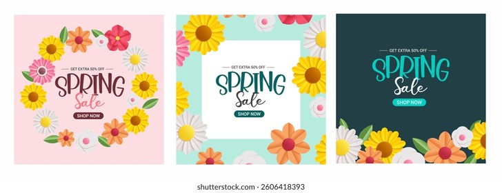Spring Sale banner background template with colorful flower for social media card, voucher, wall paper, flyers, invitation, posters or brochure design