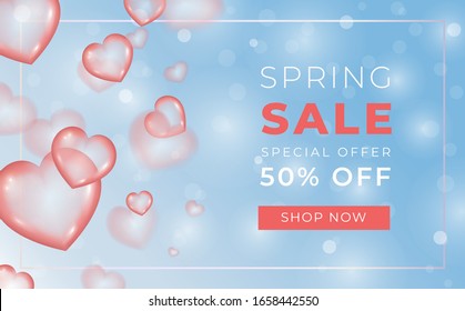 Spring sale banner with ballon hearts on romantic blue light background. Vector poster for spring sale with discount- 50 percent off. International women's day discount flyer template