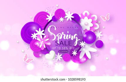 Spring sale banner. Beautiful Background with paper flowers and butterflies. Vector illustration for website , posters, email and newsletter designs, ads, coupons, promotional material