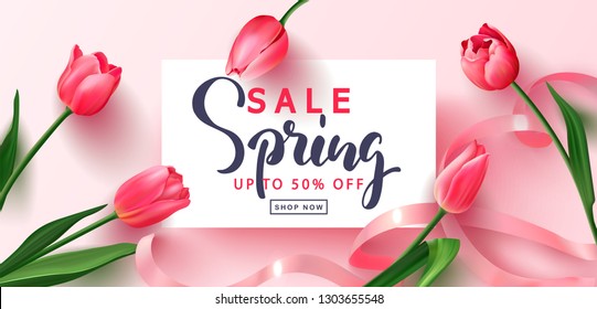 Spring sale banner. Beautiful Background with tulips and ribbon. Vector illustration for postcards,posters, coupons, promotional material.