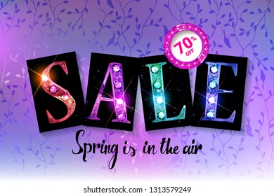 Spring sale banner. Beautiful colored gold letters. Best Price. Up to 70 off. Vector illustration.