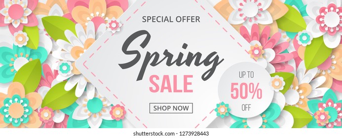 Spring sale banner with beautiful colorful flower. Can be used for template, banners, wallpaper, flyers, invitation, posters, brochure, voucher discount. Vector illustration