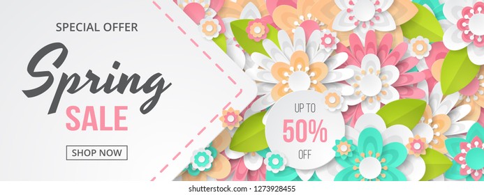 Spring sale banner with beautiful colorful flower. Can be used for template, banners, wallpaper, flyers, invitation, posters, brochure, voucher discount. Vector illustration