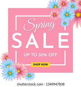 Spring sale banner with beautiful colorful flower. Web banner template. Social media banner, posters, brochure, voucher discount