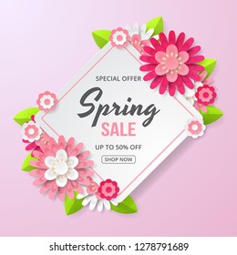 Spring sale banner with beautiful flower. Can be used for template, banners, wallpaper, flyers, invitation, posters, brochure, voucher discount. Vector illustration