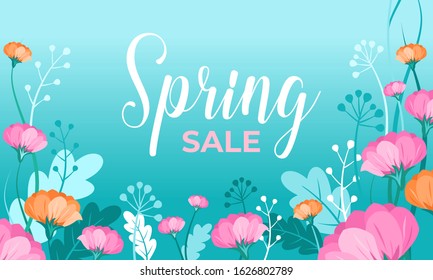 Spring sale banner with beautiful flowers. Stems, leaves and blossoms in the blue spring sky background. Design with pink flowers. Vector floral illustration, card, social media poster with copy space