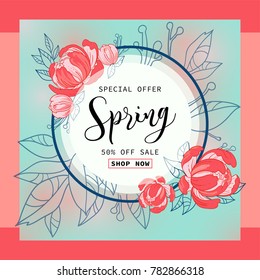 Spring sale banner with beautiful fucshia peonies flowers on a colorful background, vector illustration perfect for promotions, magazines, advertising, web sites.