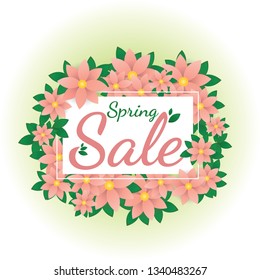 Spring sale banner with beautiful pink  flowers and green leaves on white background