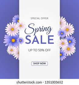 Spring sale banner with beautiful white and lavender flower. Web banner template. Social media banner, posters, brochure, voucher discount