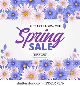 Spring sale banner with beautiful white and lavender flower background. Web banner template. Social media banner, posters, brochure, voucher discount