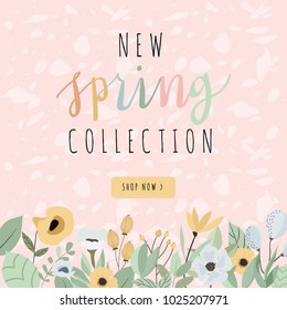 spring sale banner with beautiful yellow blue floral and texture background