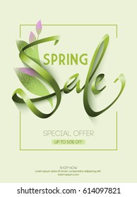 Spring sale banner with blooming branch on background. Inscription made of satin ribbon. Poster design template for print or web. 